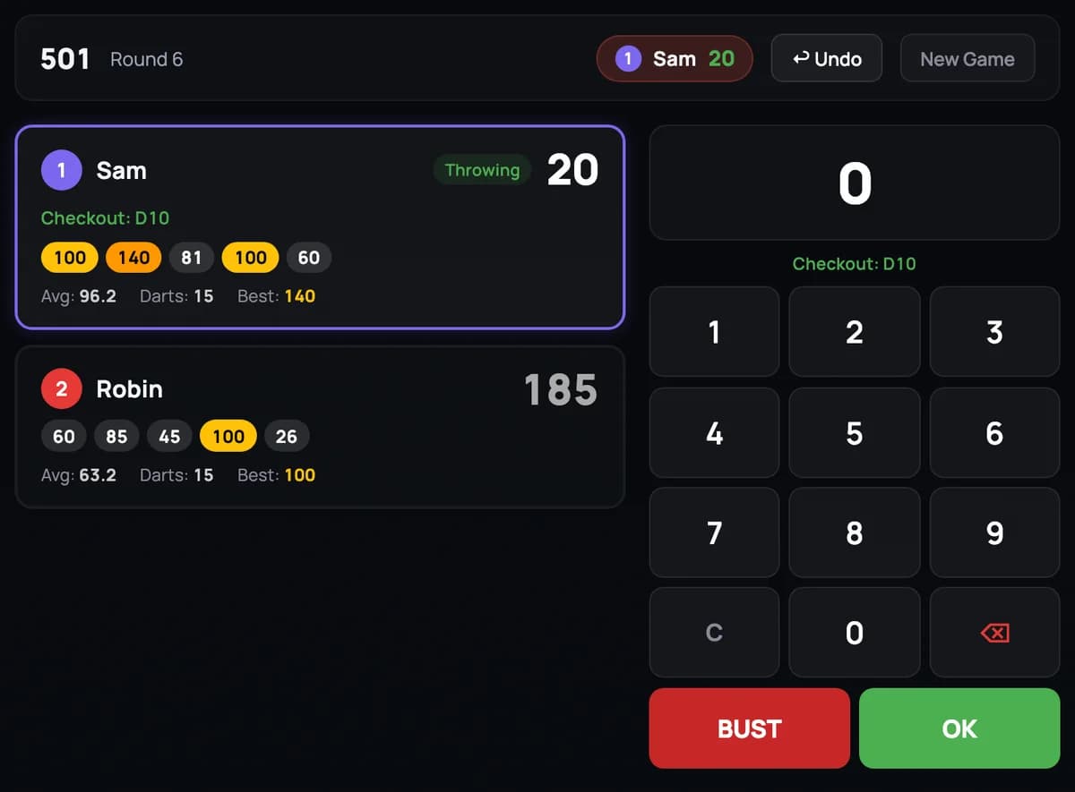 Moneydarts darts scorer with averages and a checkout suggestion
