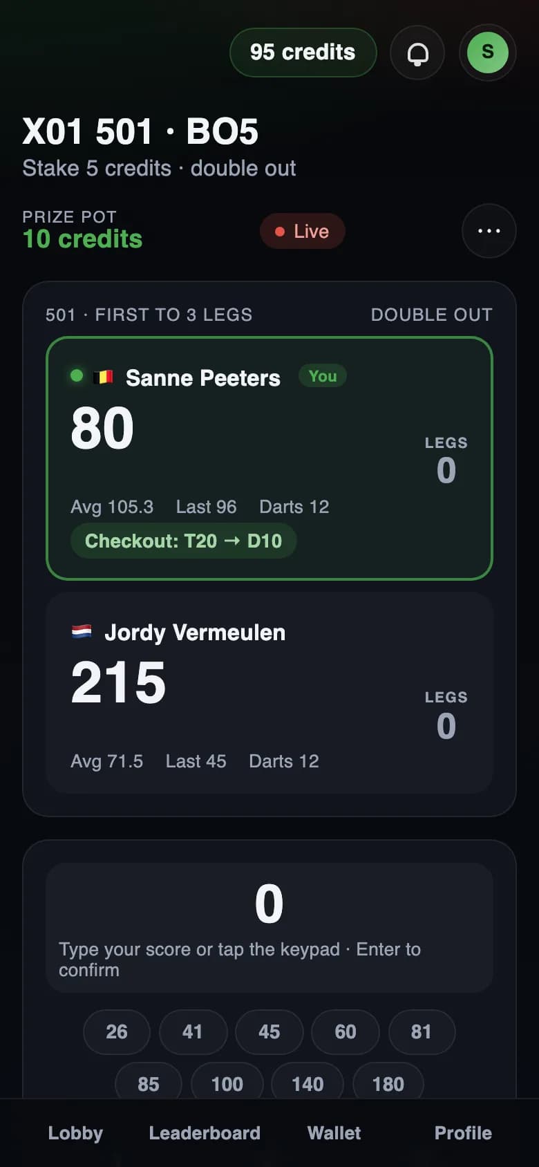 Moneydarts live scoreboard on a phone with checkout suggestion