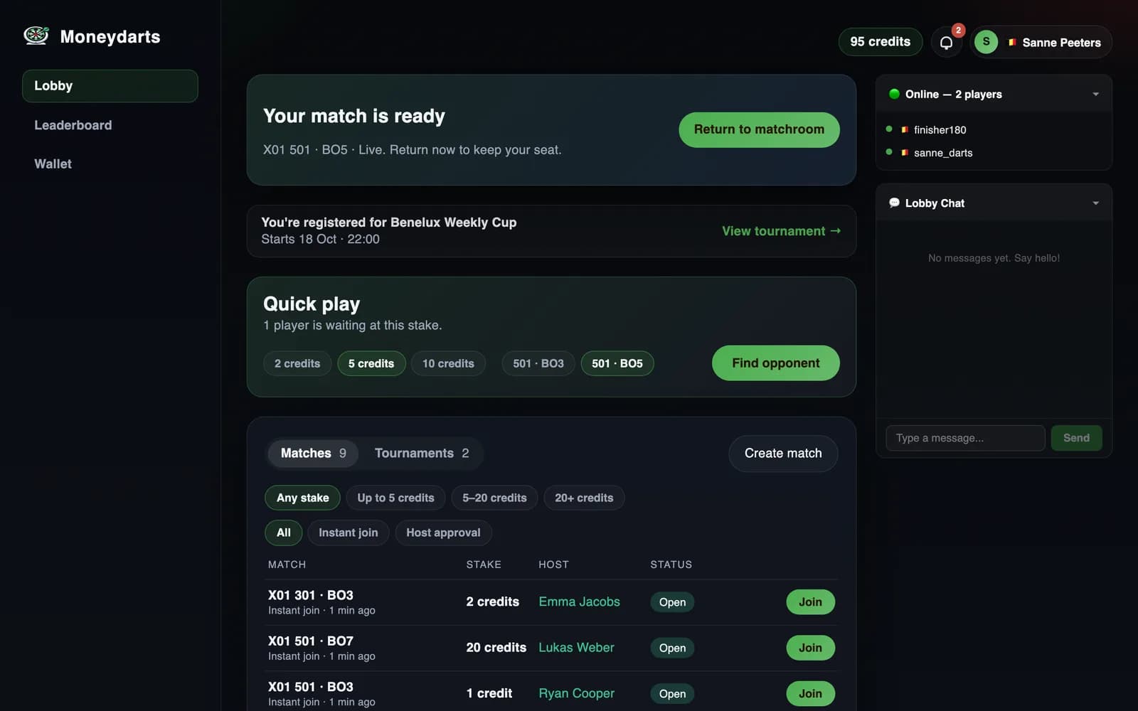 Moneydarts lobby with Quick play stake selection and a list of open webcam darts matches