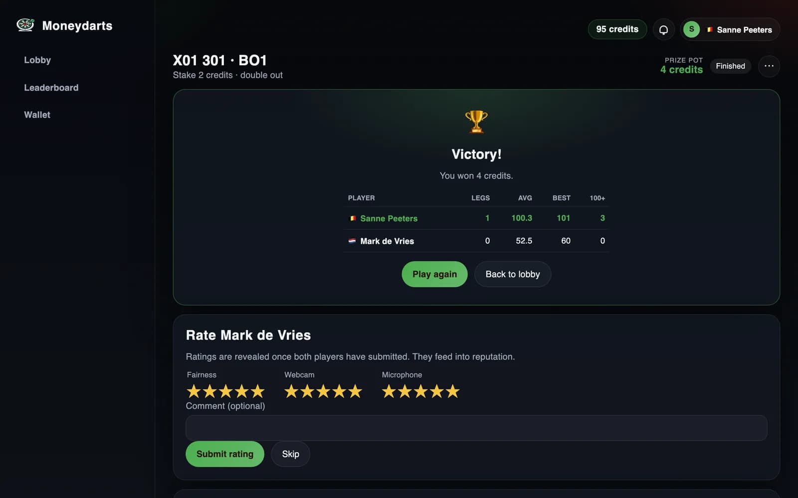 Match result screen with legs, average, best visit and an opponent rating form